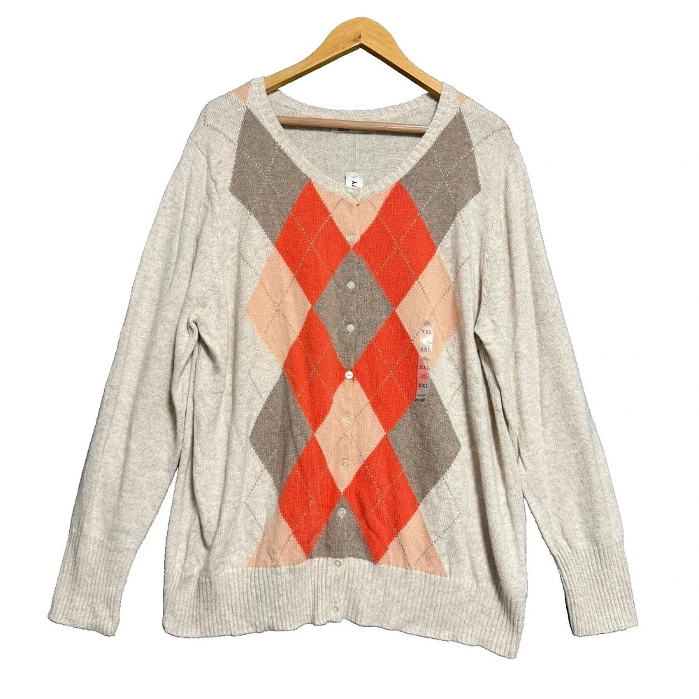 Old Navy Argyle Cardigan Sweater XXL Beige Orange Preppy Grandmacore Geek NWT‎